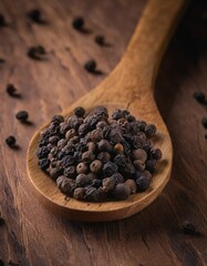 Fresh black peppercorns displayed in a small wooden spoon
