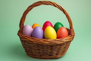 Colorful easter eggs in a basket indoor setting decorative photography spring vibe