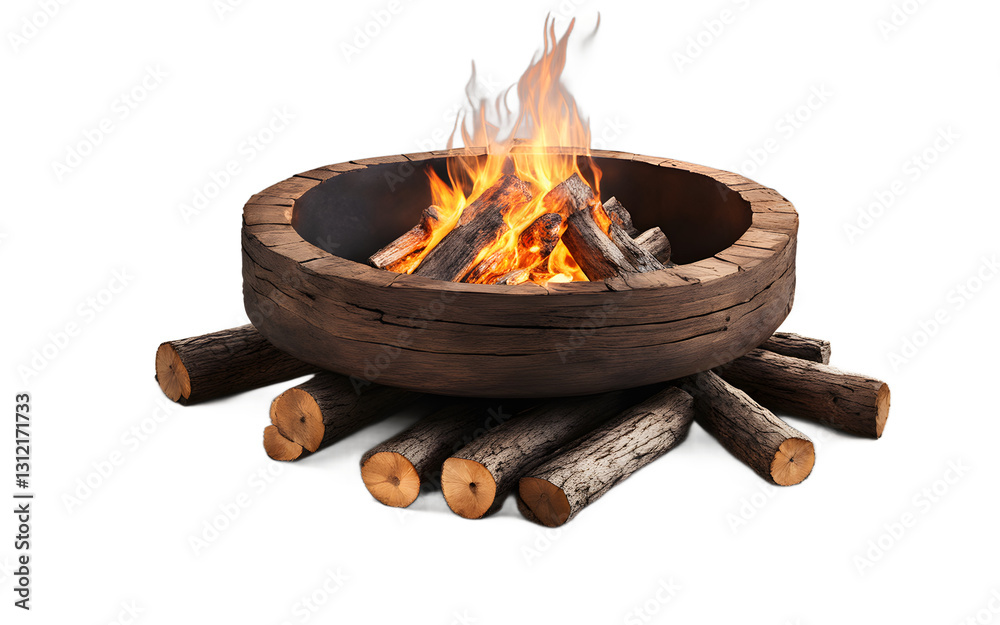 Poster A rustic fire pit with burning logs, isolated on a empty plain background
