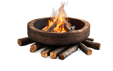 A rustic fire pit with burning logs, isolated on a empty plain background