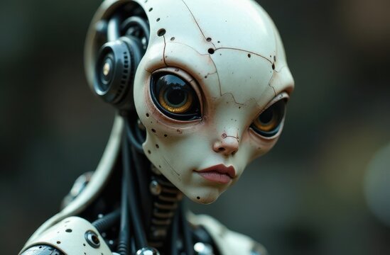 Intricate alien character design showcasing advanced AI features in close-up