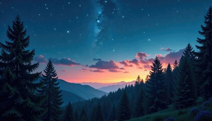 Twinkly lights and starry sky above the trees, peaceful, evergreen trees, forest