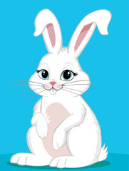 A cartoon illustration of a white rabbit with blue eyes, long ears, and pink accents, isolated on a blue background. The design features a simple, playful style, creating a lighthearted and charming