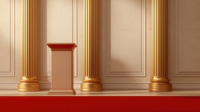 Elegant podium in grand hall with golden columns and red carpet