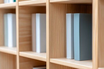 A close-up view of neatly arranged books on wooden shelves