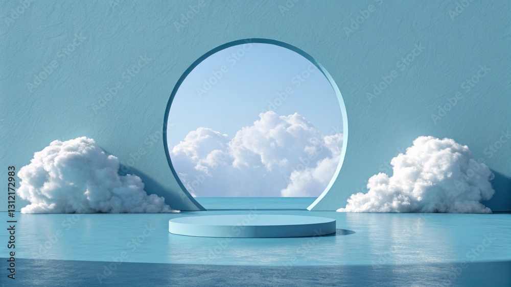 Poster 3d render blue background with white clouds flying in front of circle shape. minimal scene empty, bl