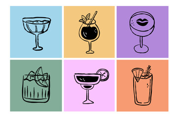 Party cocktail drink isolated set in line art outline style. Hand drawn doodle outline vector illustration
