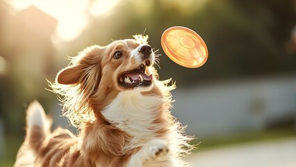 A joyful dog is leaping to catch a flying frisbee during a sunny day. Concept Joyful Dog Action, Frisbee Fun, Sunny Day Adventures, Playful Canine Moments, Outdoor Pet Excitement