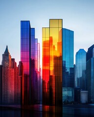 Fototapeta premium Futuristic Cityscape with Vibrant Glass Reflections at Sunset