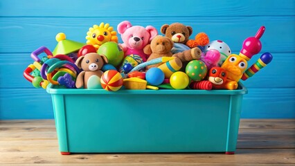 Obraz premium Colorful toy-filled donation box overflowing with vibrant playthings, a symbol of generosity and kindness towards children's happiness , playtime, colorful