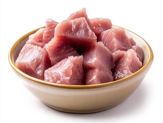 Fresh sushi-grade tuna chunks displayed in a bowl, ideal for food photography and culinary presentations showcasing seafood delicacies and healthy eating options