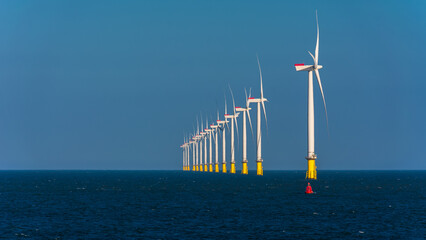 group of wind turbines in the North Sea close to Thames Estuary
