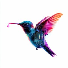 Obraz premium Futuristic Mechanical Hummingbird Sipping Neon Fluid from Microchip