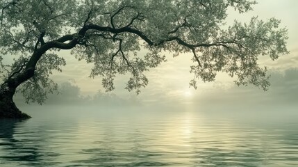 Misty morning landscape with a lone tree