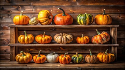 A vibrant display of pumpkins in a creative arrangement on a wooden shelf
