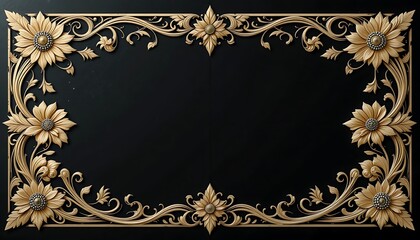 Ornate Floral Frame with Golden Sunflowers Against Dark Background