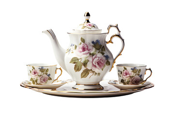 Elegant floral porcelain tea set featuring a teapot and cups with rose designs.