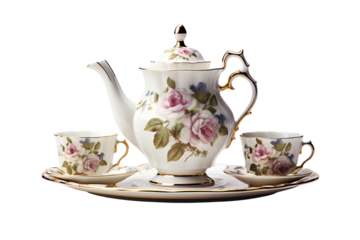 Elegant floral porcelain tea set featuring a teapot and cups with rose designs.