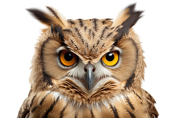 Obraz premium Close-up of a majestic adult owl with striking yellow eyes and intricate feather patterns.