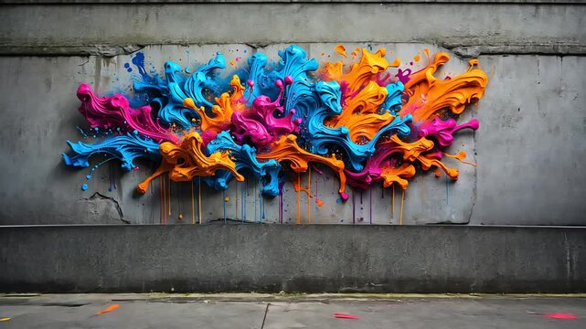 Colorful 3D street art installation with abstract sculpted paint splashes attached to an urban concrete wall

