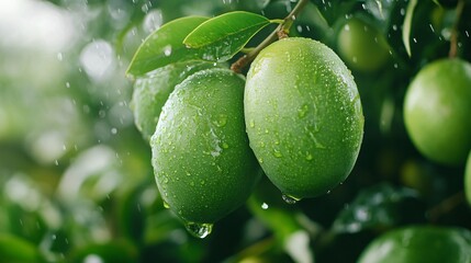 Fresh Green Mangos with Water Droplets Hanging from Branch in Lush Tropical Environment