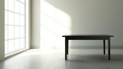 Empty black table in sunlit room with large window