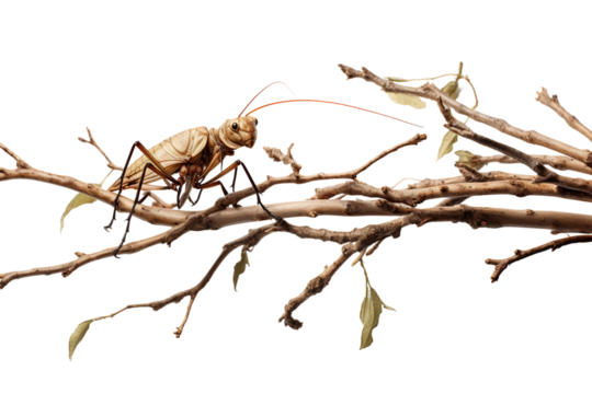 A close-up of a large tan grasshopper perched on a slender branch with delicate leaves, against a bright white background.