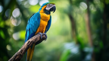 Obraz premium Vibrant blue and green parrot perched on a branch, intricate feather details, blurred tropical rainforest in the background generative ai
