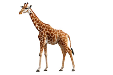 Fototapeta premium A majestic, tall giraffe showcasing its unique coat pattern against a clean white background.