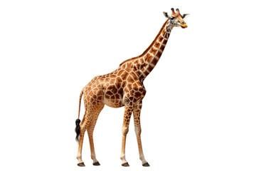 Fototapeta premium A majestic giraffe with a patterned coat standing tall, showcasing its long neck against a white background.