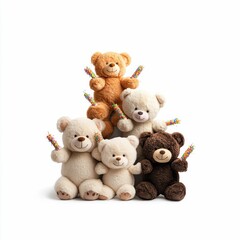 Group of Teddy Bears Celebrating with Confetti Isolated on White Background