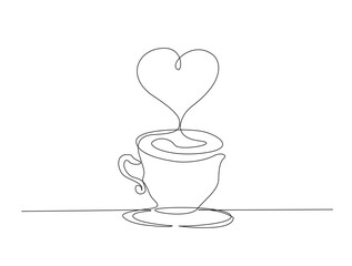 Continuous one line drawing of a cup of hot coffee. A cup of coffee with steam in single line draw illustration. Editable stroke.