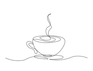 Continuous one line drawing of a cup of hot coffee. A cup of coffee with steam in single line draw illustration. Editable stroke.