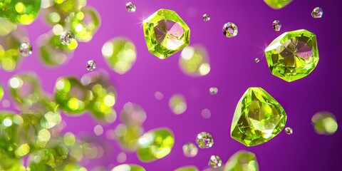 Floating peridot stones with a bright green shine on a bright purple background