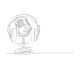 Continuous one line drawing of classic microphone. Podcast microphone in single line draw illustration. Editable stroke.