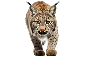 A majestic lynx in a focused stride, showcasing its striking features and piercing gaze.