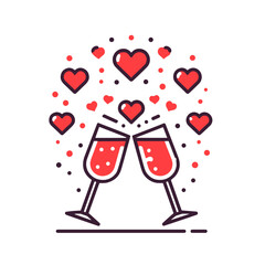 Fototapeta premium Champagne glasses clinking with floating hearts representing celebration and love