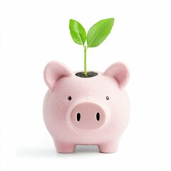 Piggy Bank with a Growing Plant Sprout Isolated on White Background