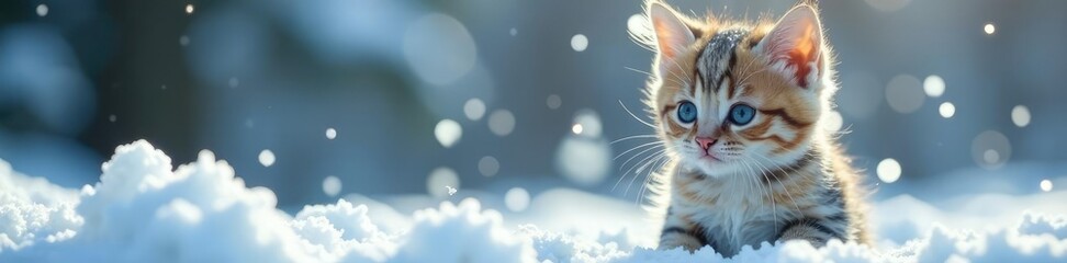 Snowflakes gently falling around a British Kitten, frozen scenery, winter scene
