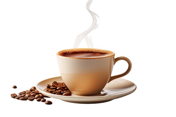 A steaming cup of coffee beside roasted coffee beans on a saucer, evoking warmth and comfort.