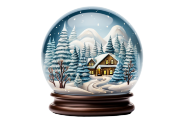 A beautiful winter scene captured within a snow globe featuring a cozy cabin surrounded by snowy pine trees.
