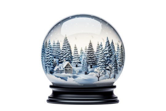A beautiful winter scene captures a pristine snowy landscape inside a glass snow globe.