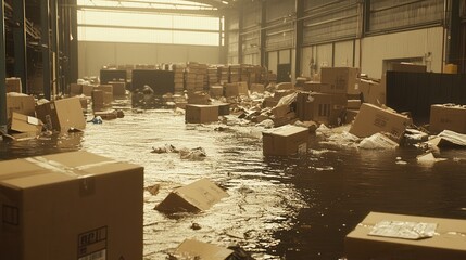 A warehouse overwhelmed by flooding, with cardboard boxes and debris floating on the water.