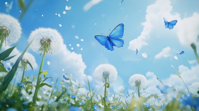 Fototapeta Beautiful blue butterflies soar amidst a field of dandelions and wildflowers under a bright sky