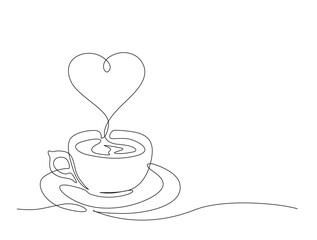 Continuous one line drawing of a cup of hot coffee. A cup of coffee with steam in single line draw illustration. Editable stroke.