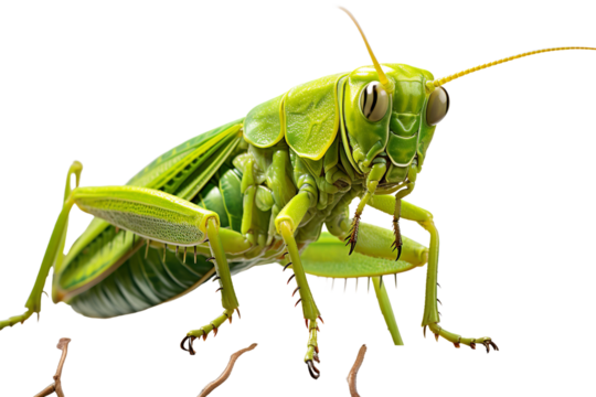 Close-up of a vibrant green grasshopper perched on a twig, showcasing its detailed features and bright colors.