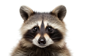 Fototapeta premium Close-up of a cute raccoon with bright eyes and detailed fur on a white background.