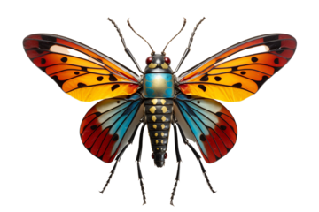 A vibrant butterfly with striking orange and blue wings displayed against a white background.