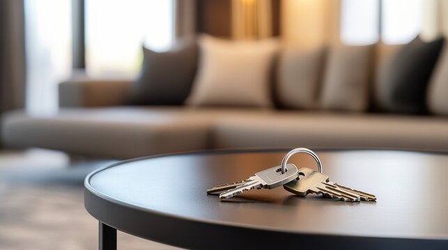 A welcoming scene with keys resting on a table in a new apartment, house, or hotel room.