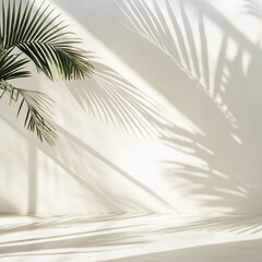 Obraz premium Natural Light and Shadow Play: Palm Leaf Silhouettes on White and Pastel Surface, palm tree branches